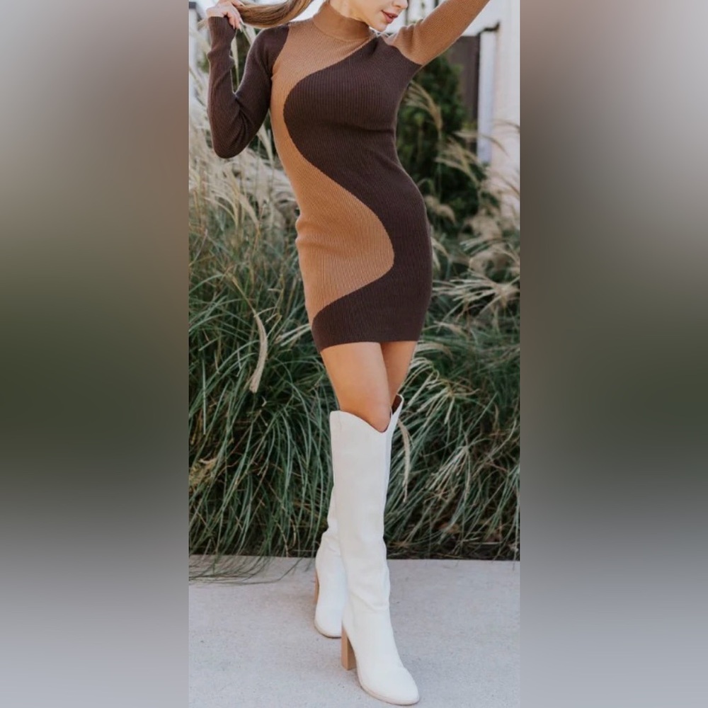 Colorblock knit ribbed mini dress. Long sleeves, semi-open back. Tan, brown. S - Picture 4 of 11
